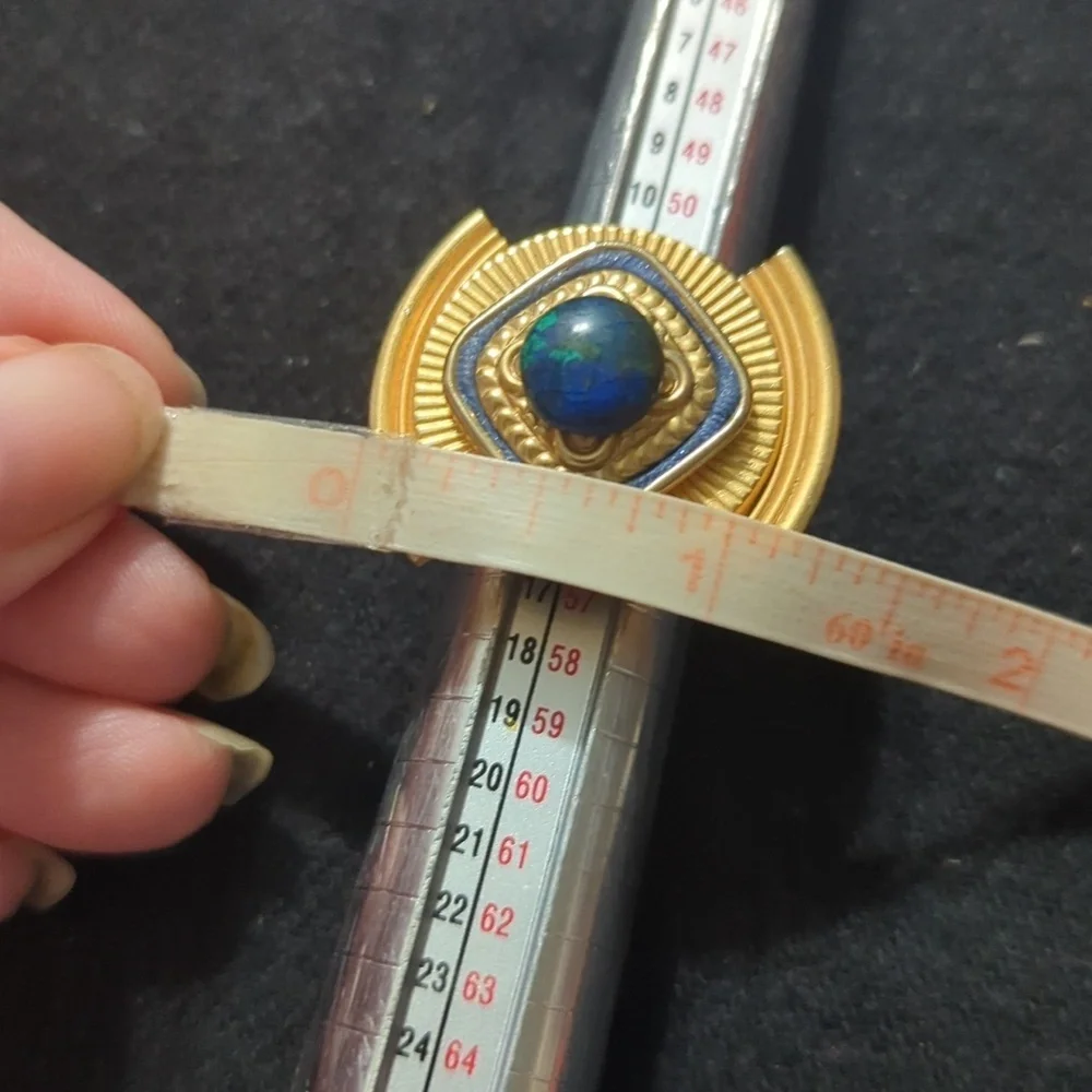 Gold Tone Blue Azurite Gemstone Chunky Oversized Cocktail Statement Ring